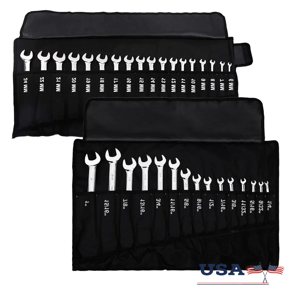 Ratcheting Combination Wrench Set 18pc Metric & 15pc SAE Chrome Vanadium Steel Tool Roll Included