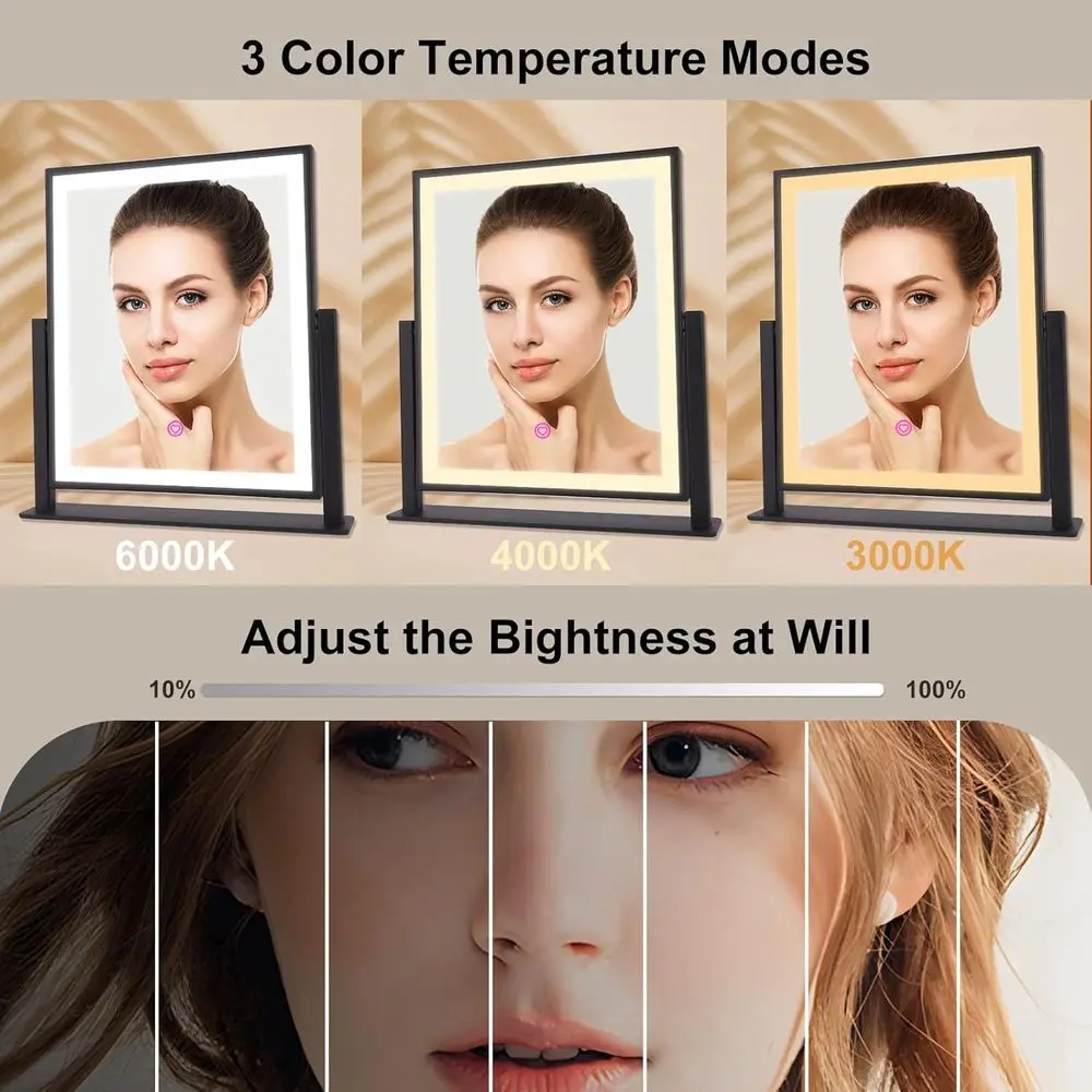 مرآة مكياج بإضاءة LED 15.3 مع تحكم باللمس، 360 درجة ° دوران، 3 أوضاع إضاءة، أسود #2