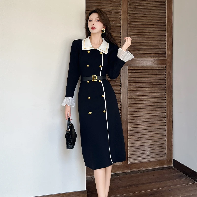 벨트가 달린 빈티지 니트 드레스 여성 더블 브레스트 긴 소매 드레스 스타일리시 우아한 시크 패션 여성 의류