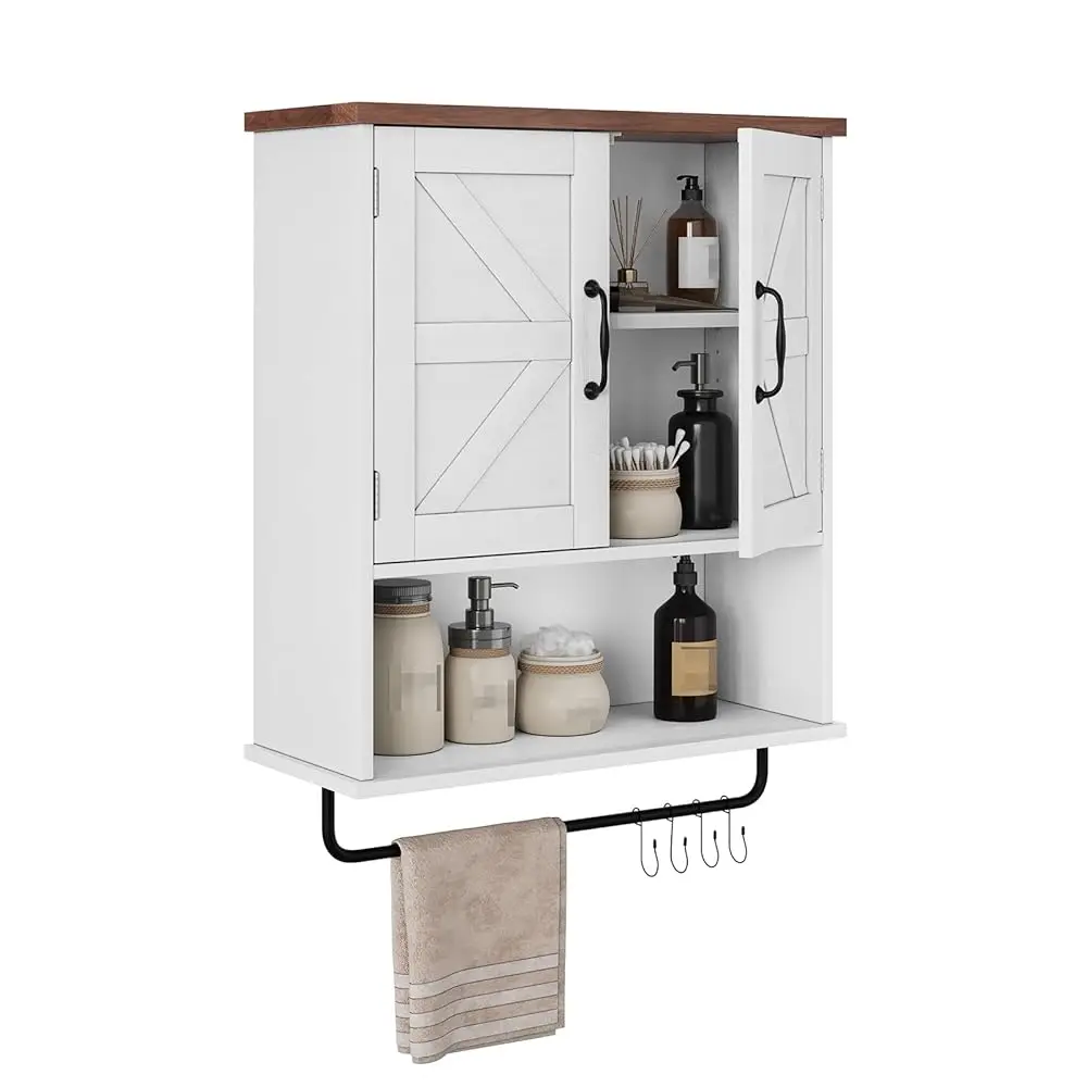 

Bathroom Wall Cabinet, Farmhouse Medicine Cabinet With Towel Bar & Hooks, Wall Mounted Cabinet With Adjustable Shelf, White