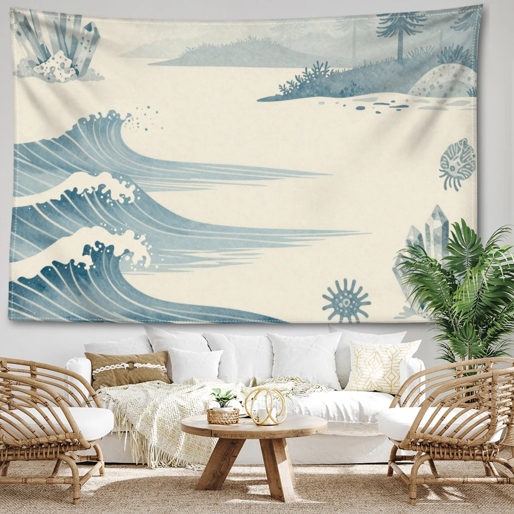 Ivory Sea Wave Crystal Coast Pine Wall Tapestry, Ocean Boho Decor