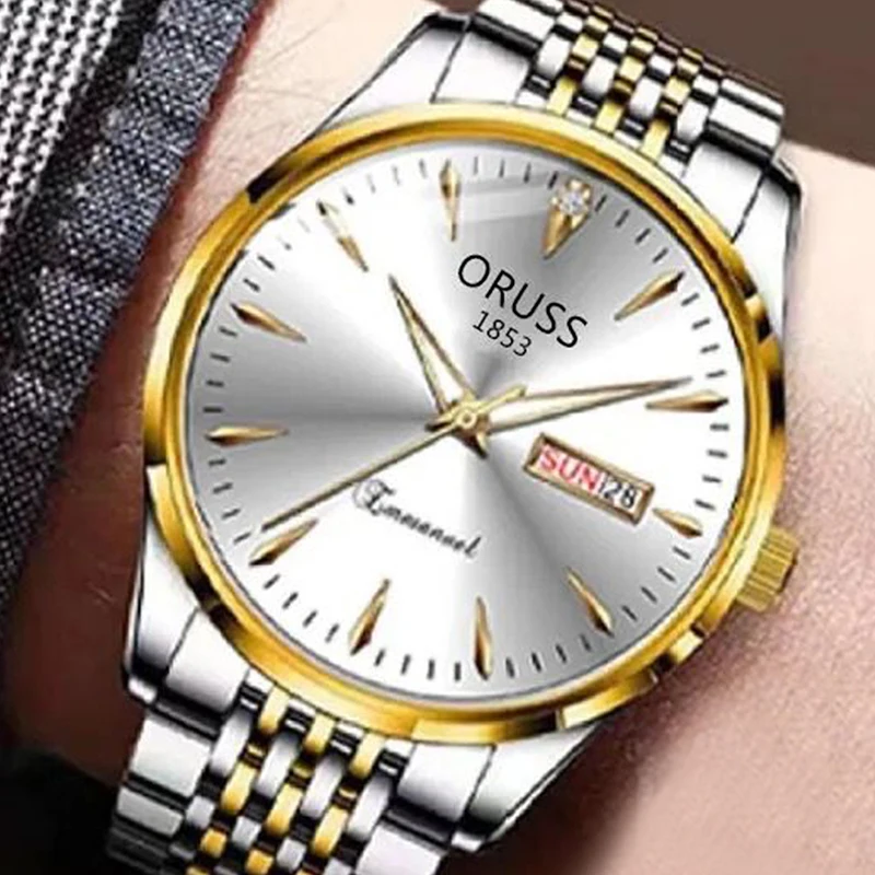 ساعات ORUSS الفاخرة للرجال بتقويم كلاسيكي وساعة يد للأعمال من الفولاذ المقاوم للصدأ مقاومة للماء كوارتز مضيئة للرجال