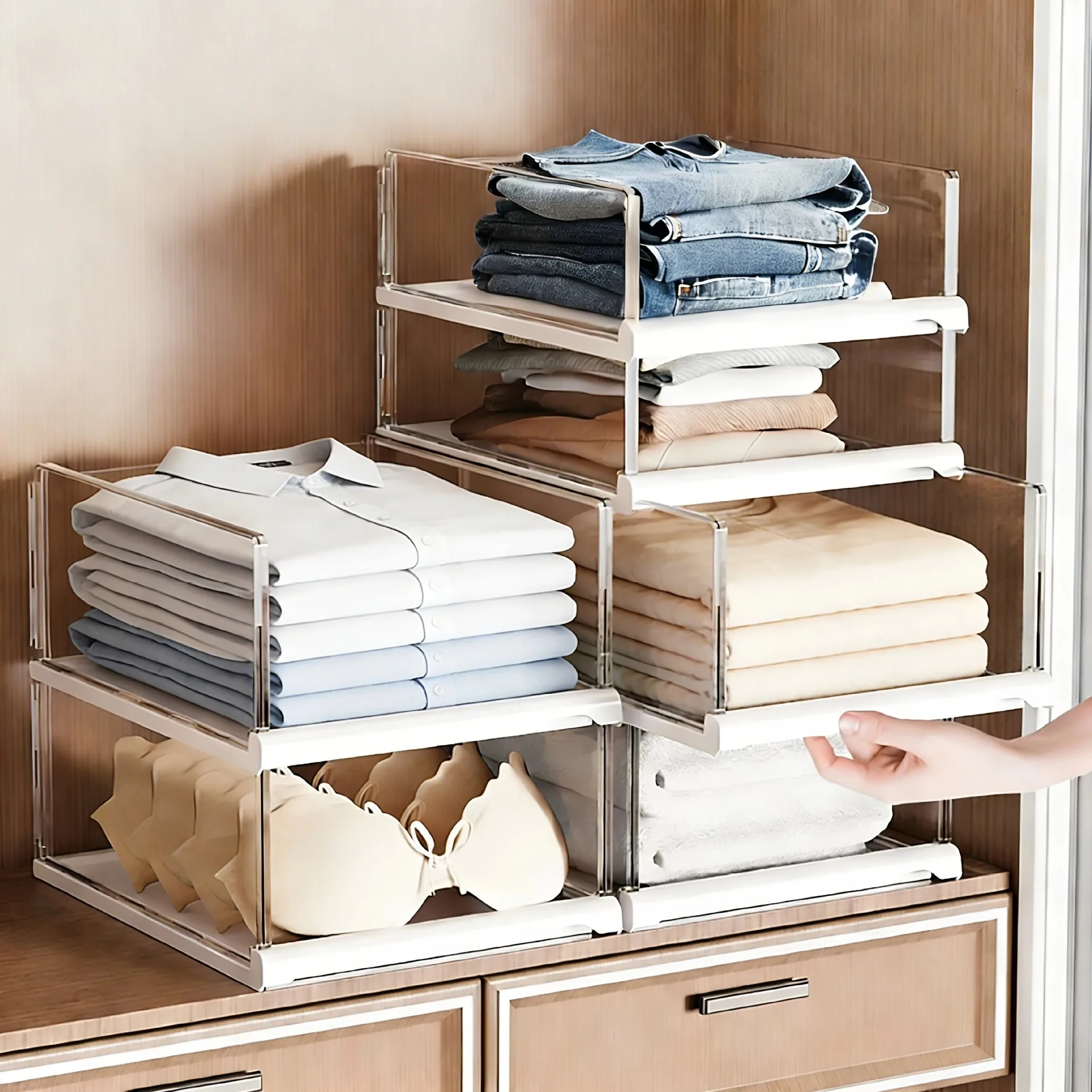 Clear Acrylic Pull-Out Closet Organizer Stackable Transparent Wardrobe Shelf Divider Low Tall Modular Units One To Four Layer