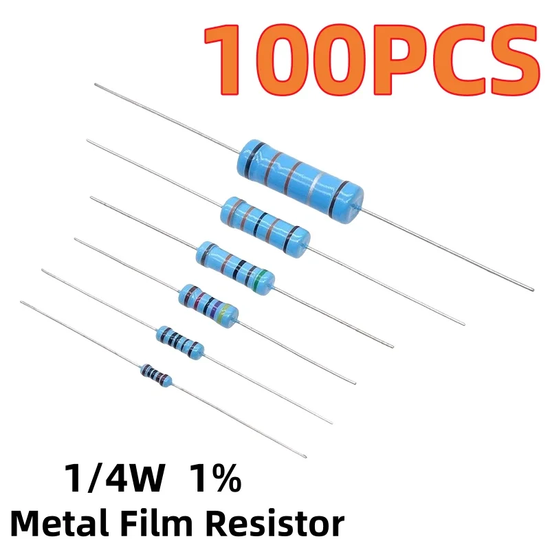 100PCS 1/4W Metal film resistor 1% 0.1 0.15 1.5 12 33 47 68 100 150 240 560 K 3.3K 8.2K 10 1K 100K 680K 1M 10M 22M 910 120 ohms