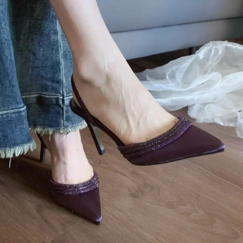 2025Womens High Heel Shoeslack Purple Satin Pointed Toe Pumps Women Stiletto Heels Sandals Slippers