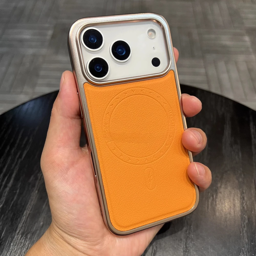 

Magnetic Pu Leather Case for iPhone 17 16 15 Pro Max Orange Luxury Full Coverage Plating Frame Phone Shell Matte Back Cover Capa