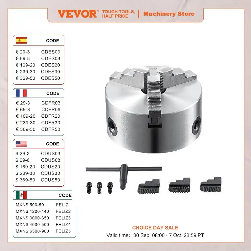 VEVOR 3-Jaw Lathe Chuck 100/125/160/200/250 mm Self-Centering Lathe Chuck Multiple Clamping Range for Lathe 3D Printer Machining