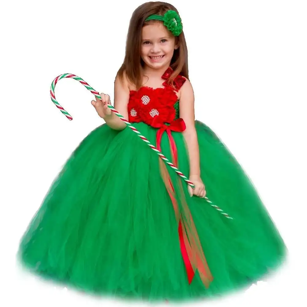 Red Green Flowers Christmas Costumes for Girls Full Length Princess Dresses for Kids Xmas Party Outfit Children New Year Clothes