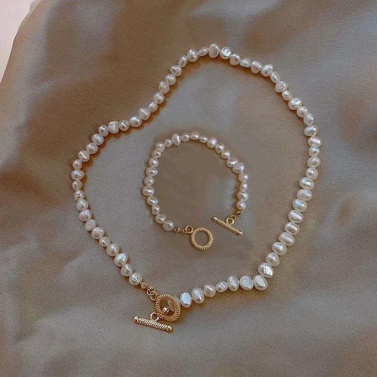 

Promotion Natural Baroque Freshwater Pearl Simple Design 14K Gold Filled Female Jewelry Sets For Women Necklace Bracelet