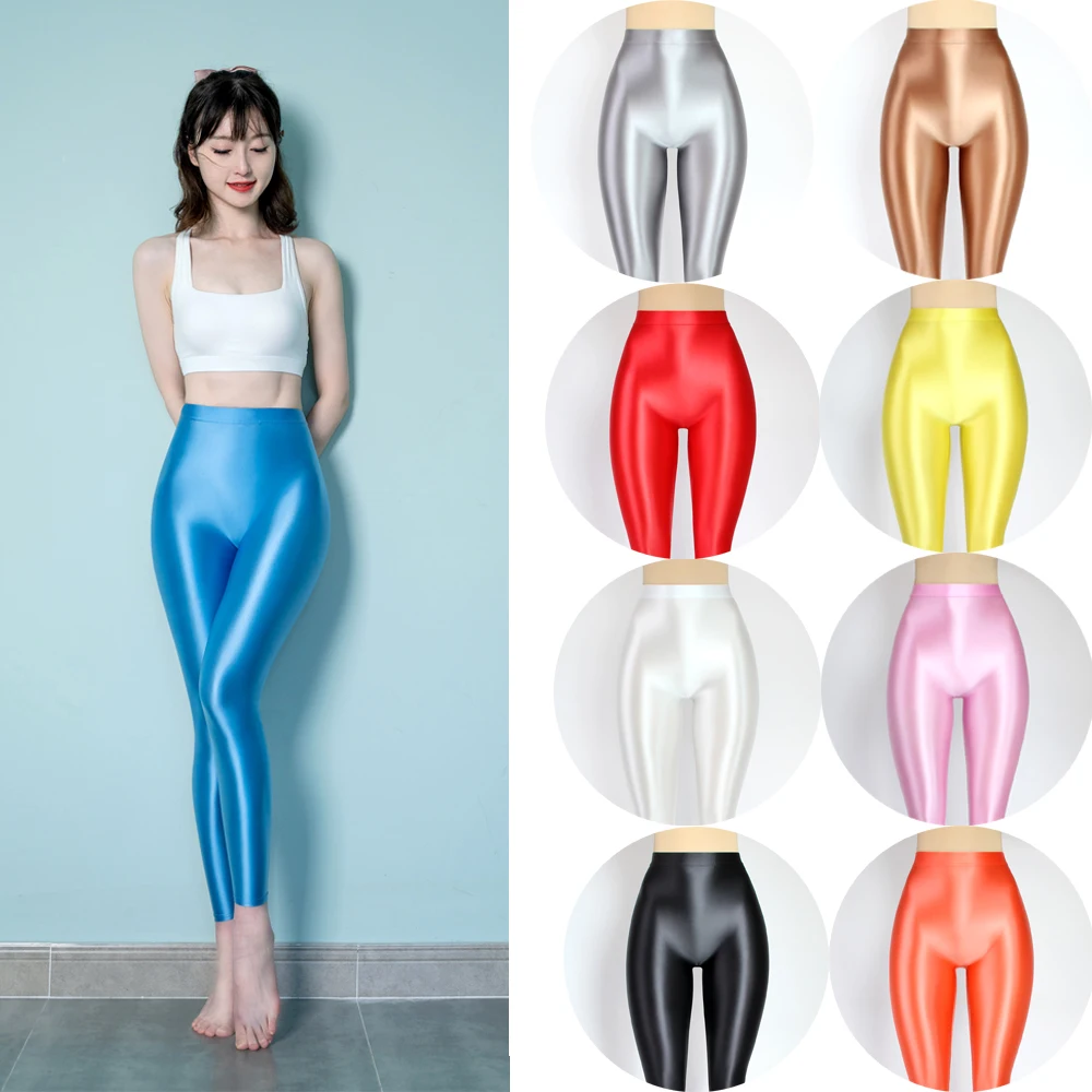 Brilhante lustroso esportes Yoga cintura alta calças das mulheres, frente sem costura, tornozelo-comprimento collants, cetim liso Jegging, leggings opacos, Wetlook