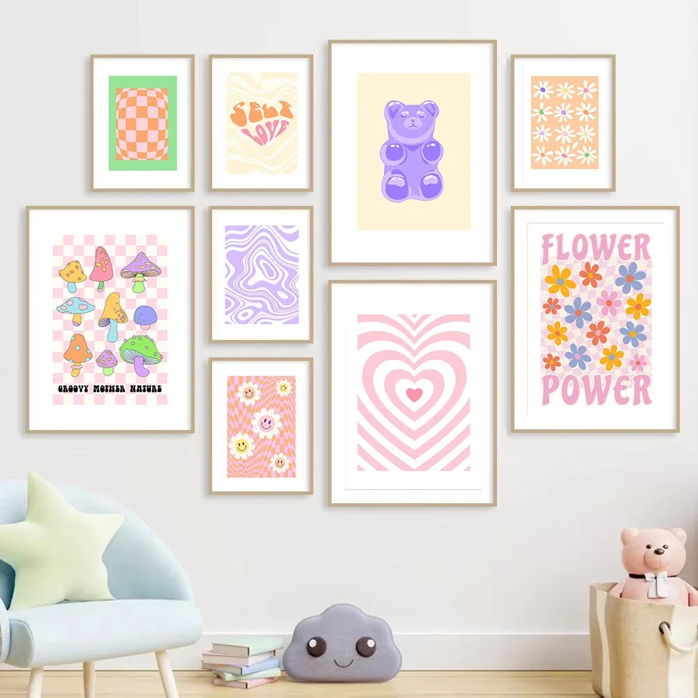 Abstract Danish Pastel Posters Purple Gradient Bear Love Flower Canvas Painting Wall  Nursery Print Pictures Kids Room Decor