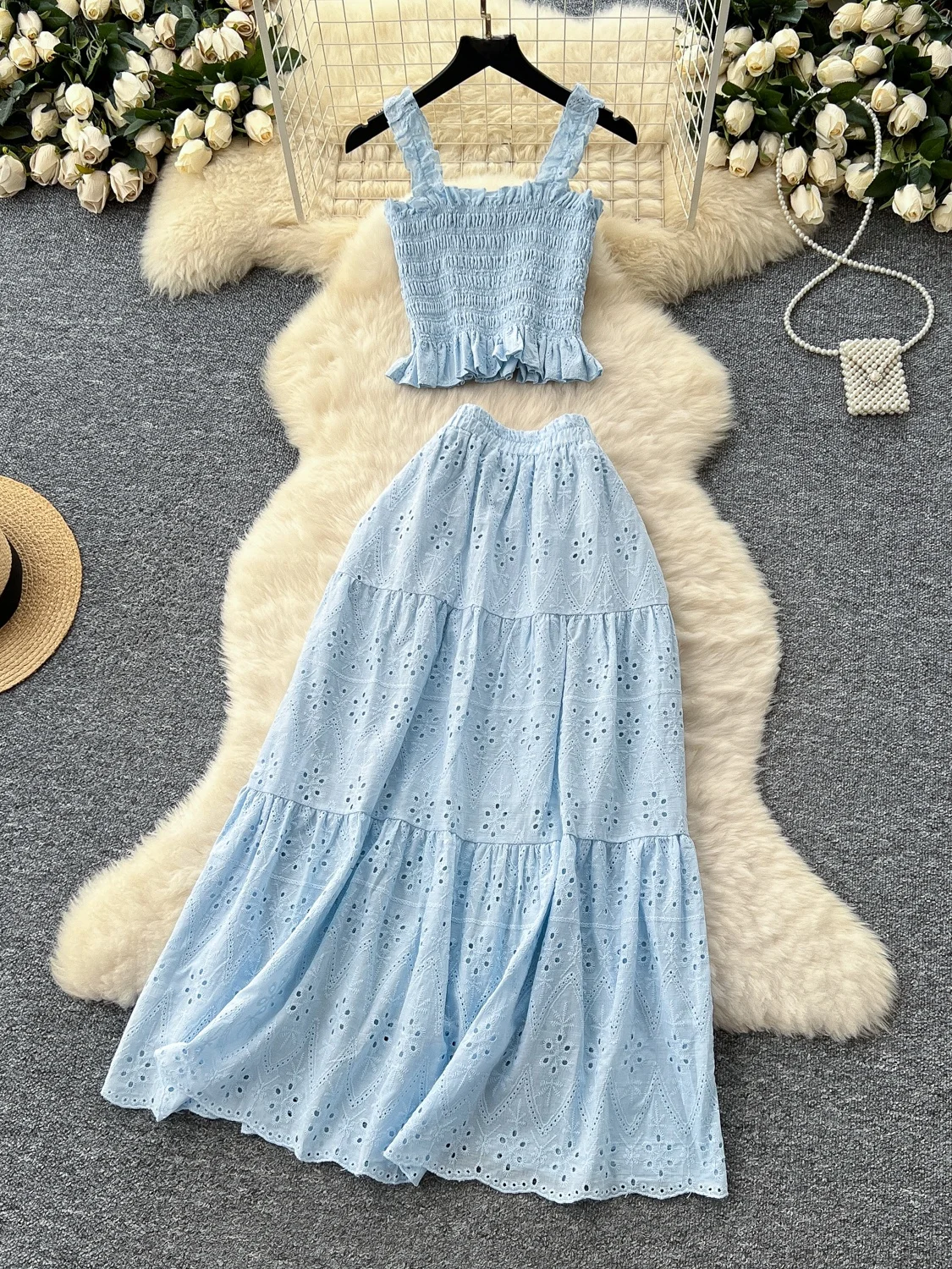 

Ele Hollow out Embroidery Crop Top And High Waist Skirt Set Women's Summer Faion Outfit Slim Fit Tank Top Vaion Wear