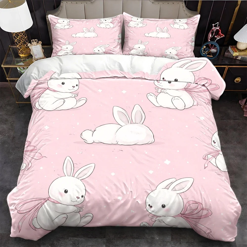 3Pc Cute Rabbit Print Duvet Cover Set, Three-Piece Bedding Set (1*Duvet Cover + 2*Pillowcases), Suitable for All Seasons, Machine Washable, Invisible Zipper Design, Large Double Bedding Set, Suitable for Home, Dorm, Master Bedroom, Guest Room, Fresh Pink Cartoon Cute Rabbit Bedding, Skin-Friendly and Comfortable Bedroom Bedding Set, Girly Bedding Set, Soft and Breathable Home Bedding Set, 2D Flat Print