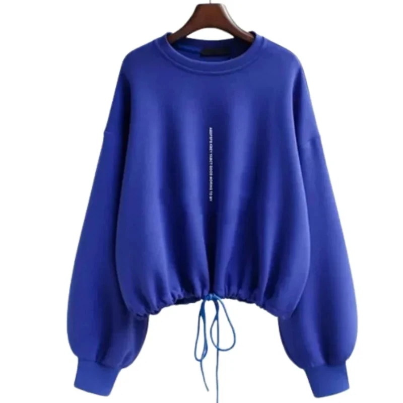 Simplicity Casual Autumn New Solid Women\'s O-Neck Letter Drawstring Fashion Casual Loose Long Sleeve Sweatshirts Pullovers Tops