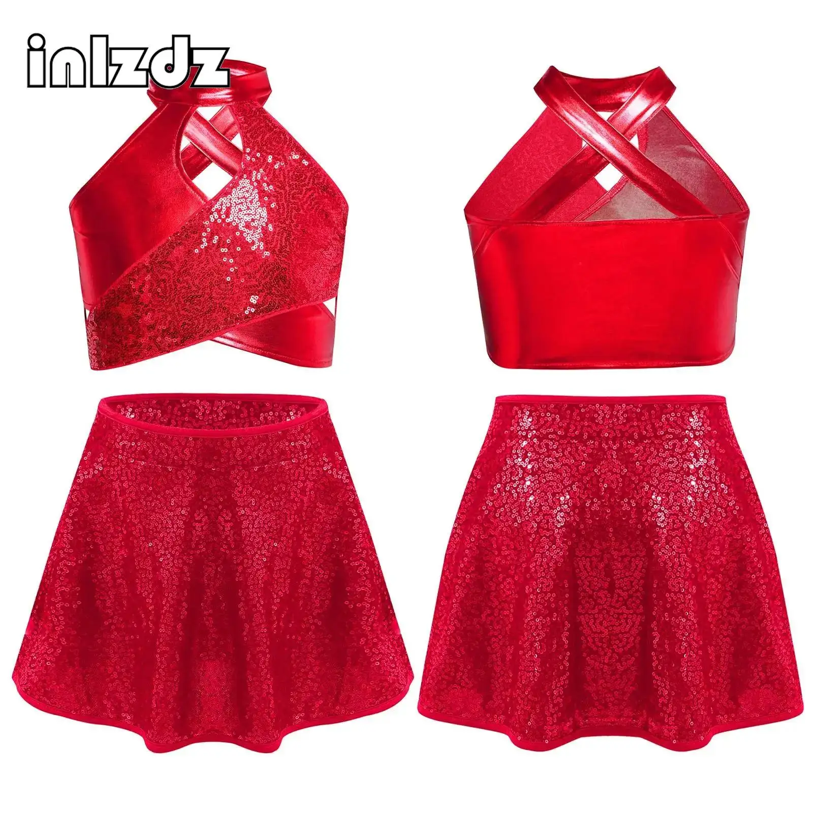 

Kids Girls Jazz Latin Dance Costume Set Cross Keyhole Sparkly Sequins Metallic Crop Top with Skirt Stage Performance Dancewear