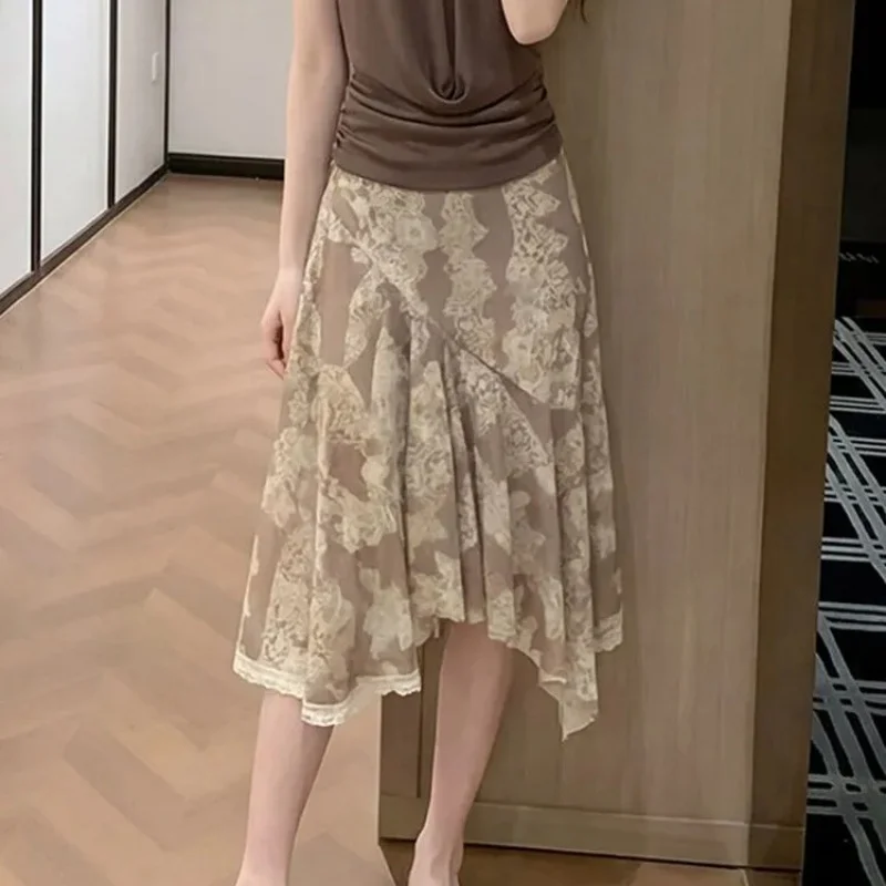 

Women Bohemian Floral Print Asymmetrical Midi Skirt with Lace Trim Loose Fit Summer Casual Skirt