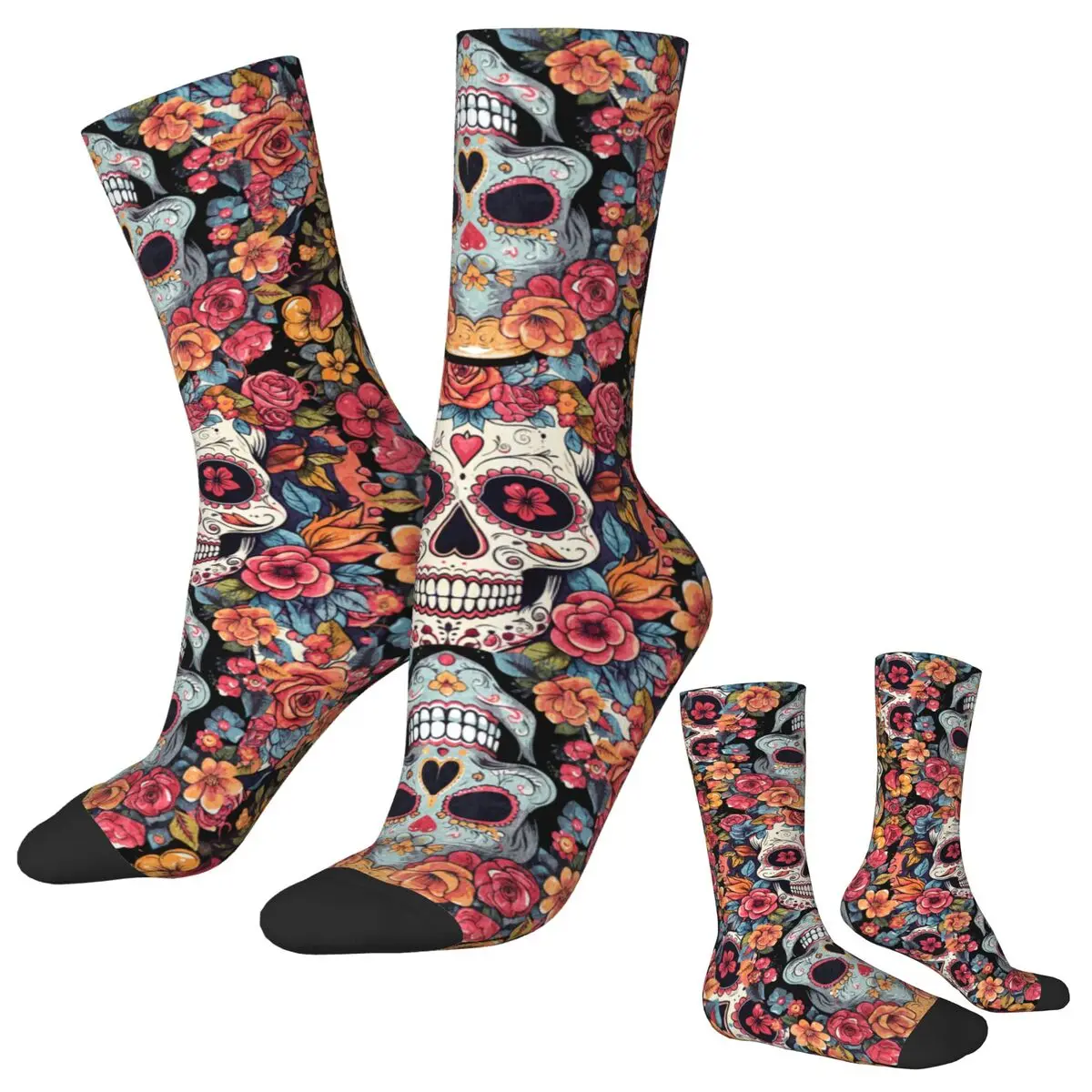 Unisex Socks Floral Sugar Skull Print Halloween Colorful Flowers Stockings Autumn Medium Soft Socks Anti Bacterial Socks