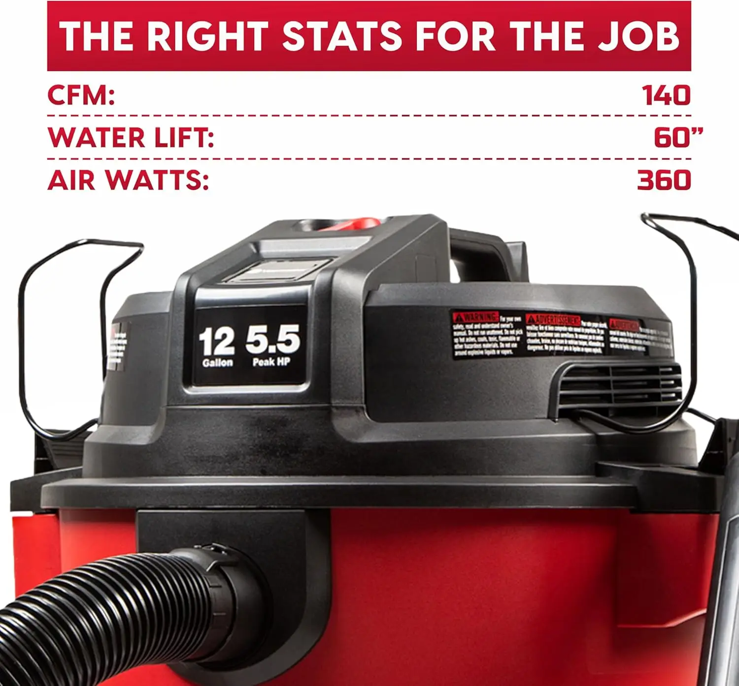 مكنسة كهربائية رطبة/جافة شديدة التحمل سعة 12 جالون مع محرك 5.5 حصان، و9 ملحقات تصل إلى 27 قدمًا للتنظيف الفعال