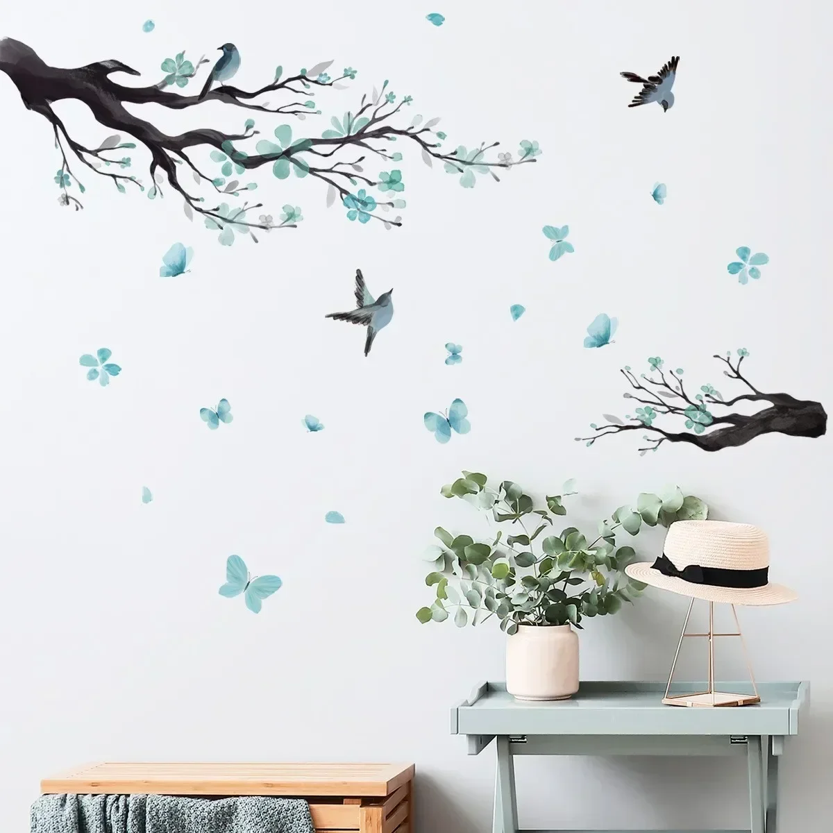 Home Decoration Wall Sticker Blue Flower Branches Birds Wall Decals Flowers Wall Stickers Living Room Background Decor Wallpaper