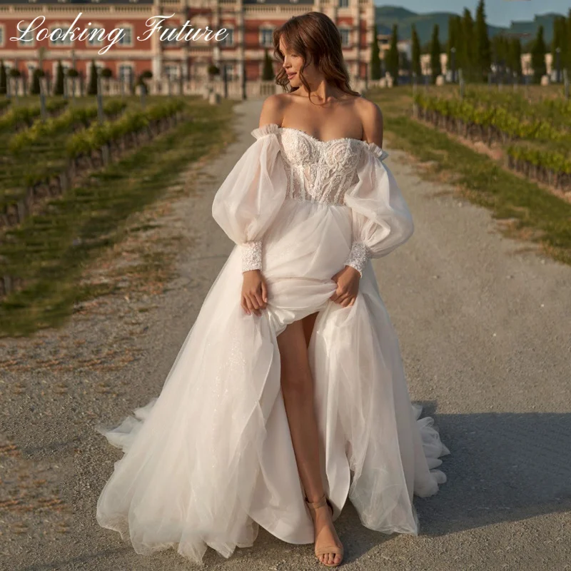 

Princess White A-Line Wedding Dresses Elegant Off The Shoulder Tulle Long Puff Sleeve Evening Boho Beach Wedding Prom Gowns