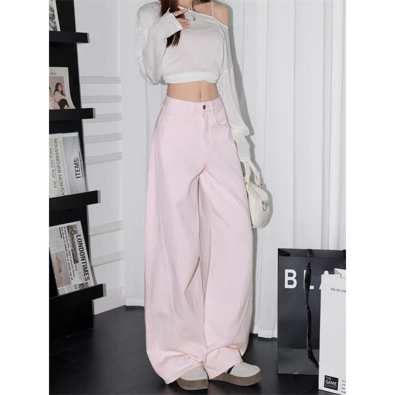 

Women's Pink Curved Wide Leg Pants Cool Girl Personalized Trousers Casual Bottoms Female Baggy Street High Waist Sweatpants
