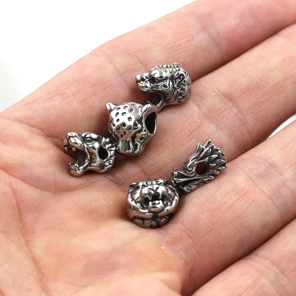 Small Hole 316l Stainless Steel Vintage Wolf Lion Leopard Animal Head Beads Charms For Charm Bracelet DIY Jewelry Making