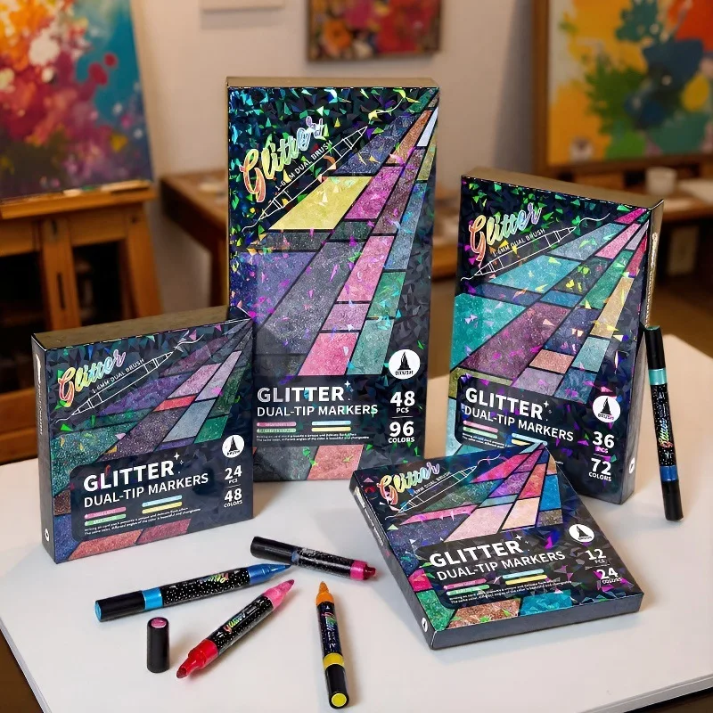 

Dual Tip Glitter Brush Markers Set Vibrant Colors Acrylic Marker for Doodling Card Making DIY Crafts & Art Supplies