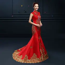 Luxury Blue Red Embroidered Chinese Evening Dress Long Cheongsam Bride Wedding Qipao Mermaid Host Dresses Oriental Qi Pao