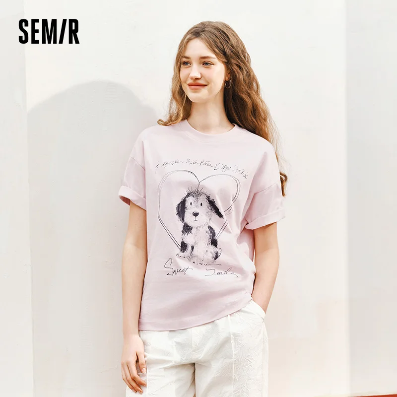 

Semir Designer Print Short Sleeve Tee Women Cotton 2025 Summer New Loose Fit Casual Top for Relaxed Style