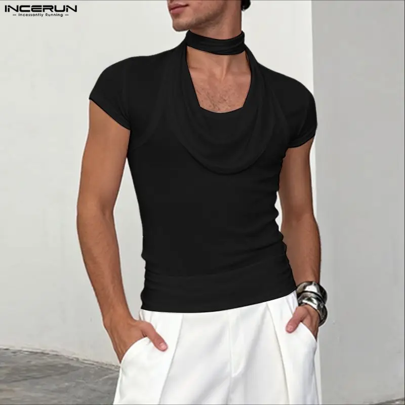

INCERUN Men T Shirt Solid Color Scarf Short Sleeve 2026 Male Tee Tops Streetwear Summer Knitted Fashion Casual Men Clothing