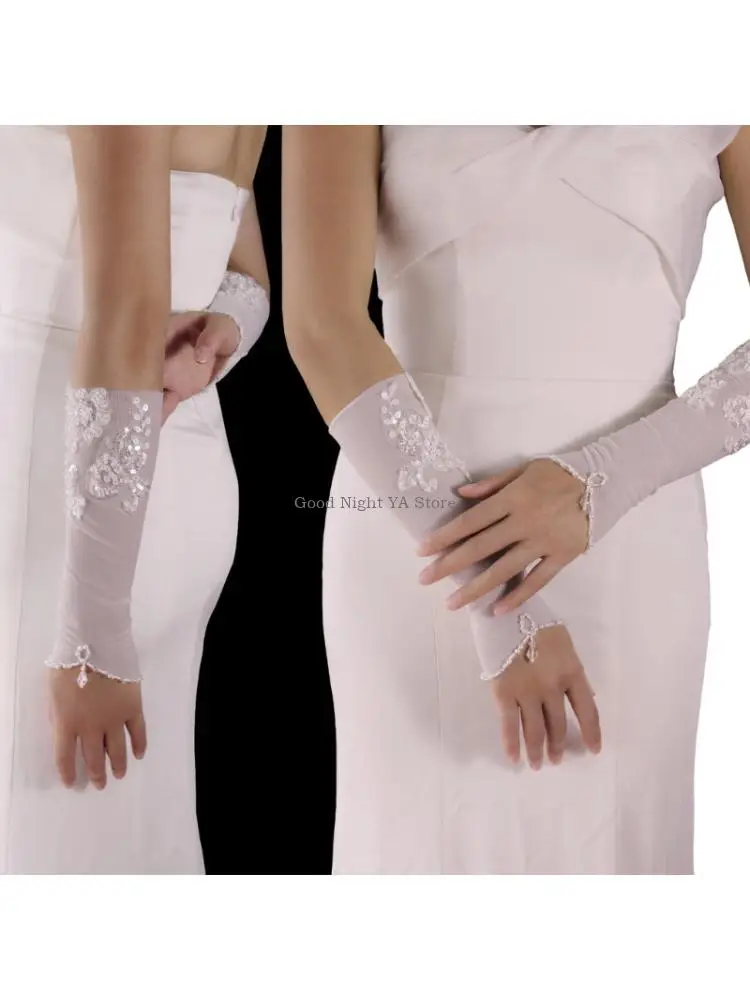  Fashion Lace Bridal Gloves with Beadwork Flower for Wedding Ceremony Bride Photography Accessory Decorative Arm Sleeves