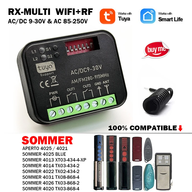 

Новый приемник RX MULTI Tuya 300–868 МГц WIFI для SOMMER 4020 TX03-868-4 4013 TX03-434-4 4025 TX02-868-2 4031 TX08-868-4 4026 4011 4014 4022 434,42 МГц 868,8 МГц пульт дистанционного управления воротами