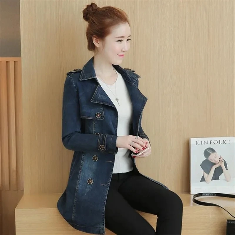 Kurtka dżinsowa damska 2025 Wiosna Jesień Nowa moda Luźne dżinsy na wszystkie mecze Trencz Kobiecy Casual Duży rozmiar Talia Długa odzież wierzchnia