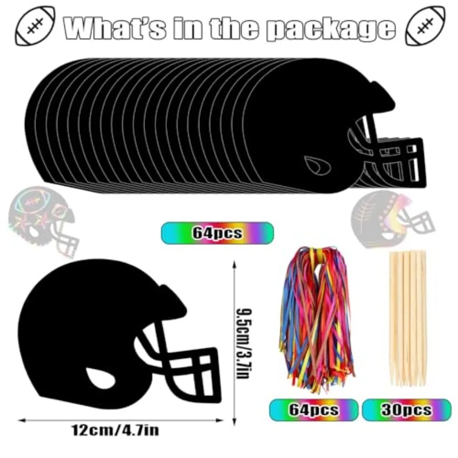 64 Pcs Football Scratch Paper Crafts Kit Rainbow Football Helmet Scratch Cards Ornaments with Wooden Stylus and Ribbons for Cra