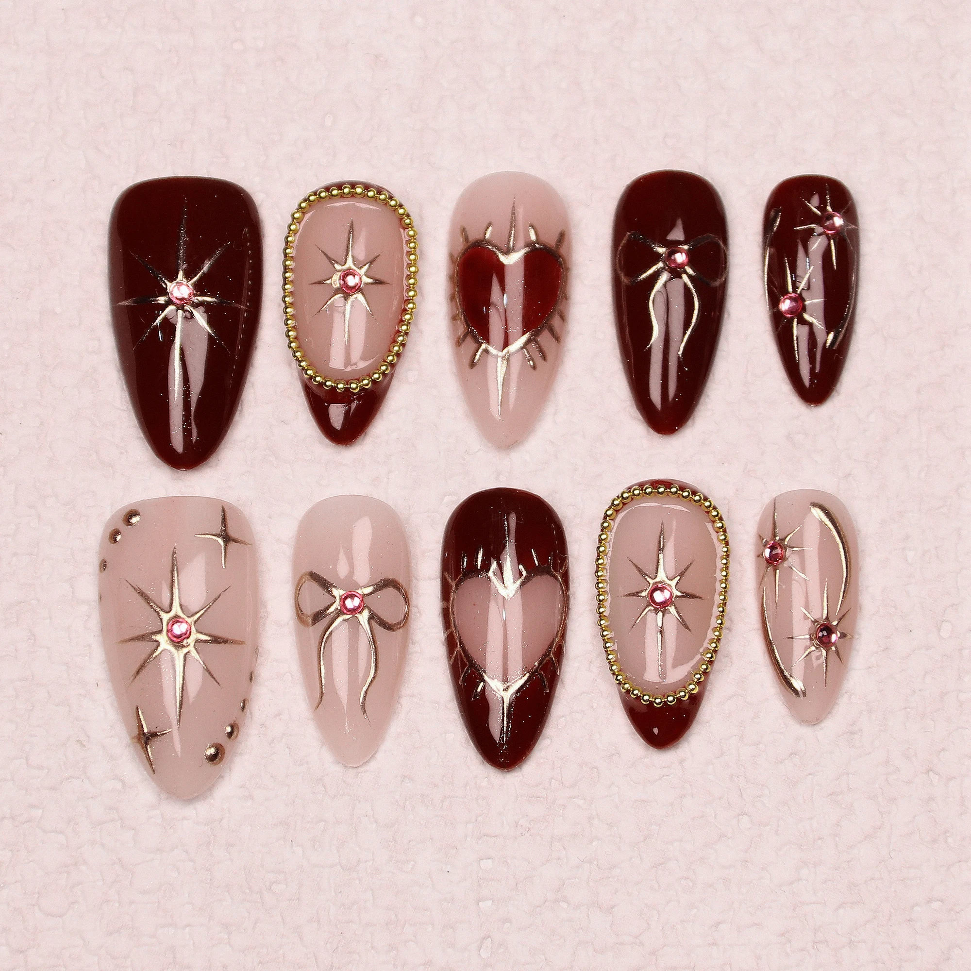 10Pcs Handmade Manicure Medium Almond Fake Nails Unique 3D New Cut bow Heart Press On Nails Design with Adhesive Nail File Set