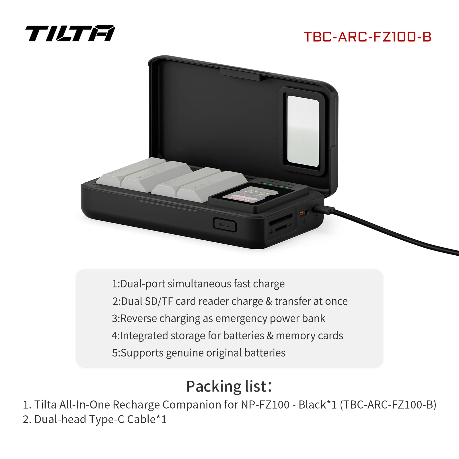 TILTA FZ100 All-in-One Recharge Companion Dual Charger voor Sony Camera Batterij Draagbaar laadstation SD TF-kaartlezer