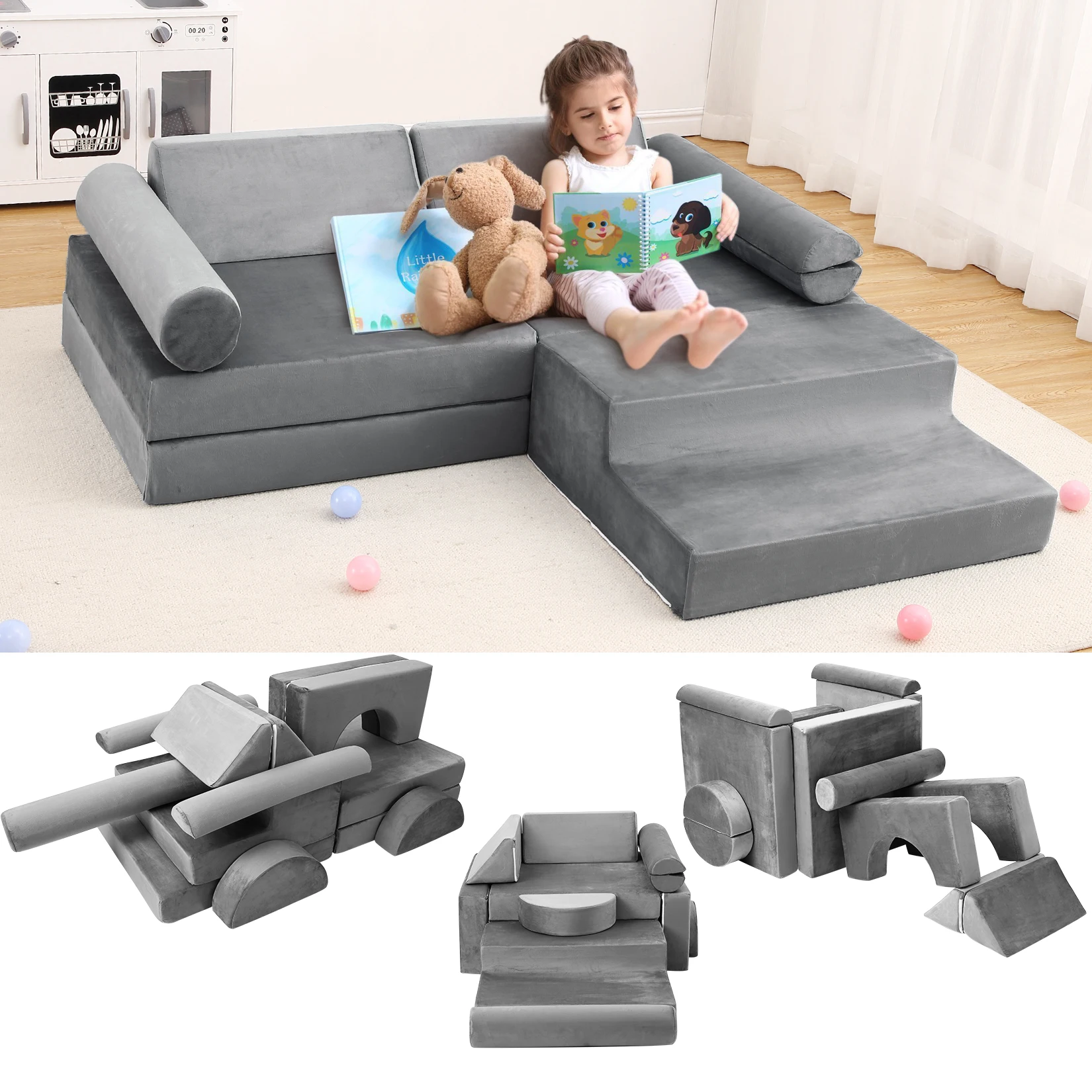 13 Pcs Kids Multifunctional Play Couch Polyester Velvet Children's Combination Sofa Suitable for Children To Play In The Living