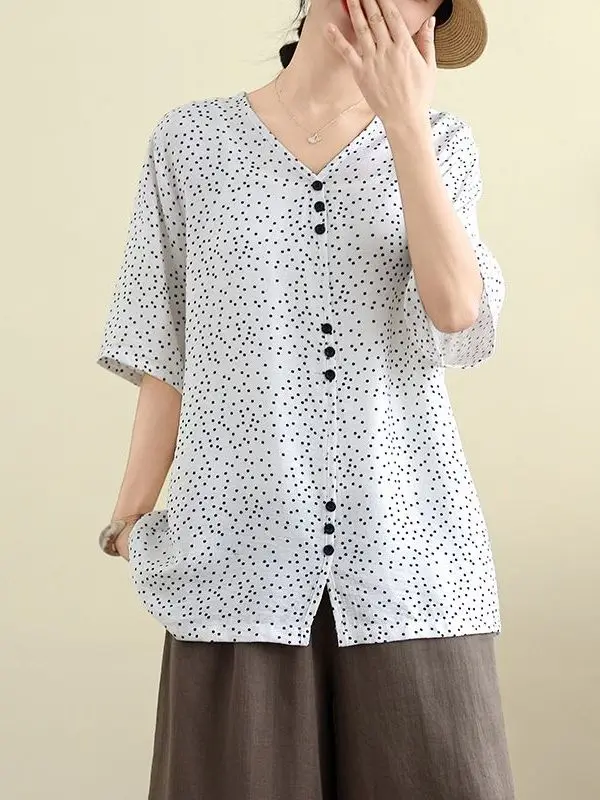 루즈핏 코튼 린넨 V넥/라운드넥 물방울 무늬 여성 상의 한국 스타일 여름 신상 큰 사이즈 중년 여성 상의