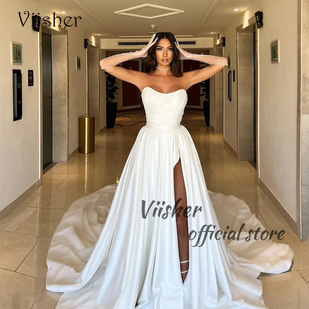 Viisher White Satin A Line Wedding Dresses for Bride Sexy Leg Split Sweetheart Beach Bridal Gowns with Train Long Wedding Dress