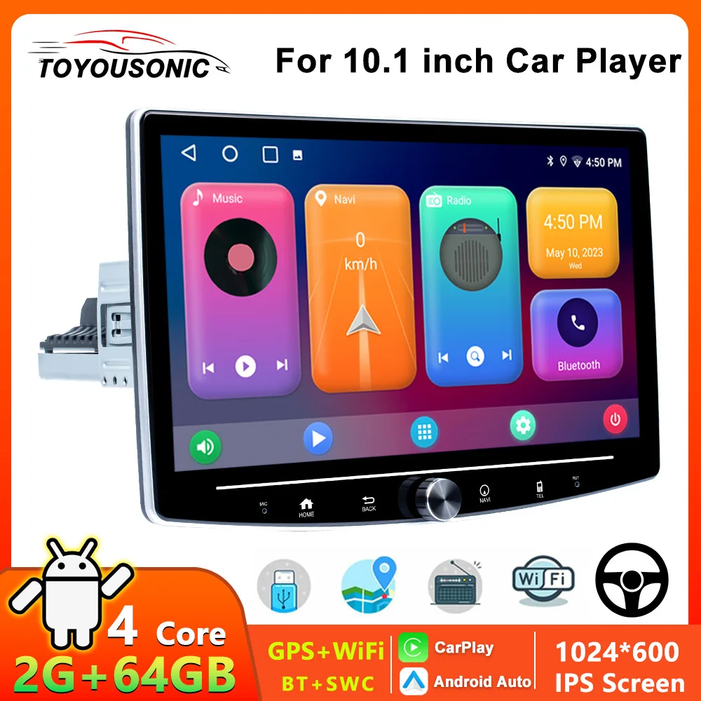 1 din 10.1 Inch 2+64G Car Radio Touch Screen Universal Android Auto Mirror Link Multimedia CarPlayer GPS WIFI DSP FM Car Stereo