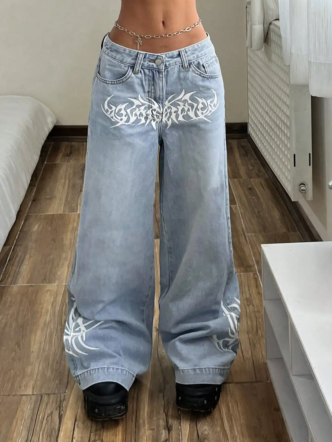 

Женские джинсы с широкими штанинами и высокой талией с этническим принтом для уличного стиля