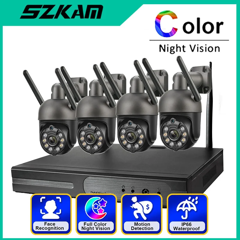 

Wireless 3MP 5MP PTZ IP Camera NVR Kit TwoWay Audio CCTV System Full Color Night Vision Security Surveillance Camera 4CH 8CH Set