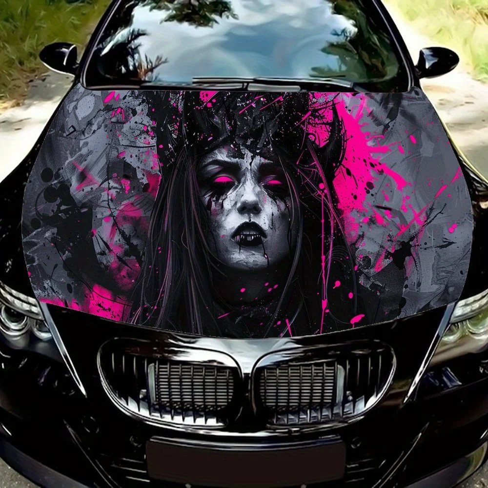 

Gothic Dark Art Girl Pink Splash Car Vinyl Wrap, PVC Waterproof Car Hood Sticker, Self-Adhesive Scratch-Resistant Stickers for E