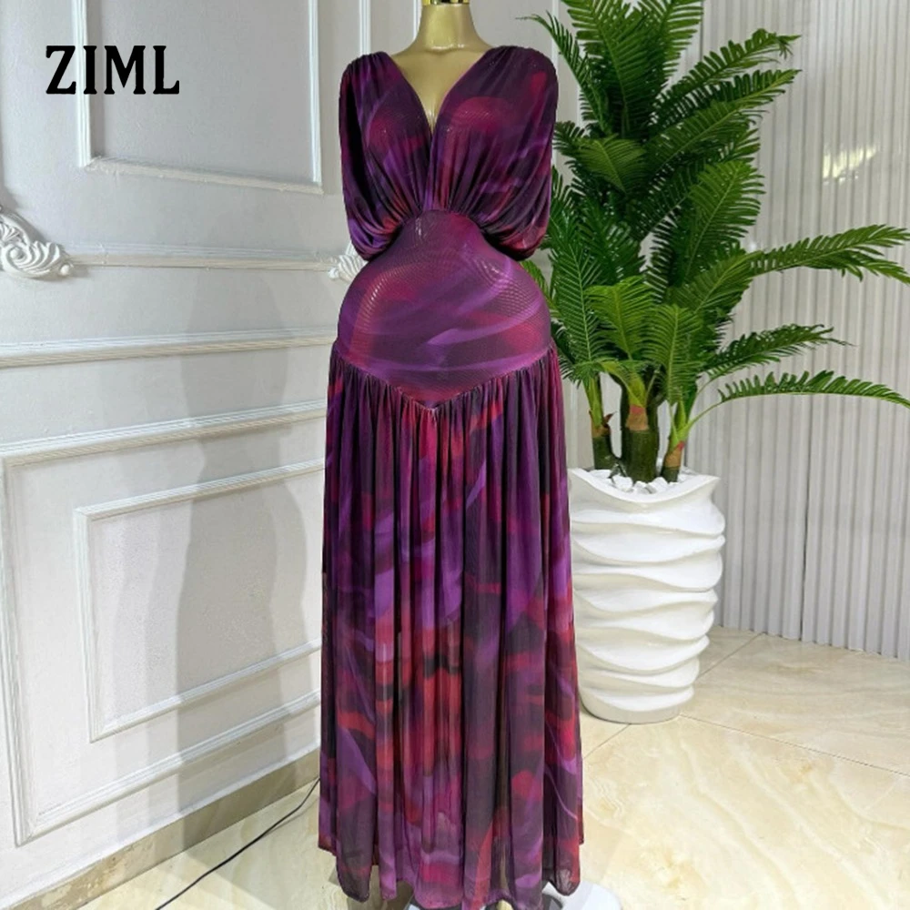 Ziml emagrecimento temperamento drapeado vestidos de impressão para mulheres com decote em v manga curta cintura alta vintage chique vestido moda feminina nova