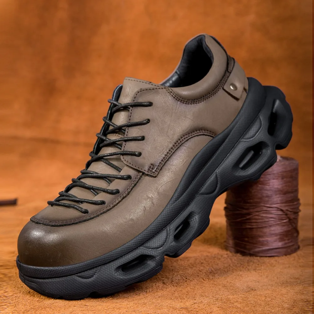 

Retro Men's Genuine Leather Motorcycle Shoes Thick Sole Hiking Boots Round Toe Work Shoes Soft Outdoor Walking Sneakers Moccasin