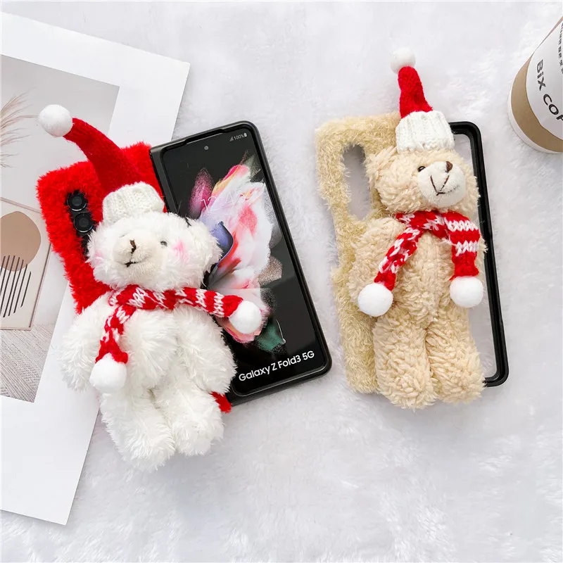 DIY Cute Cartoon Plush Bear Santa Phone Case for Samsung Galaxy Z Fold6 Case For Galaxy Z Fold5  Cover Z Fold3 Capa Z Fold 4