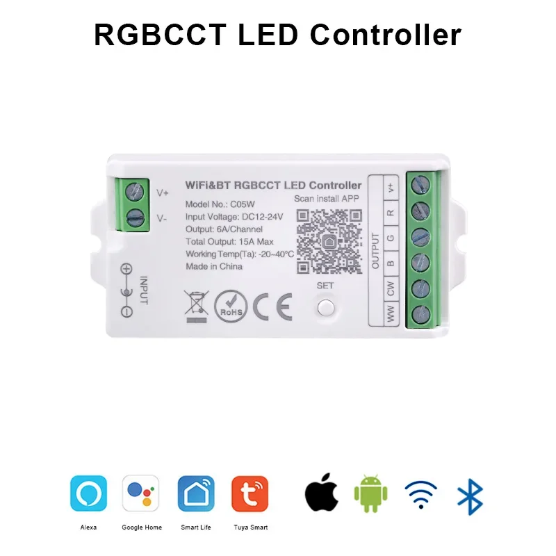 Contrôleur LED Tuya WIFI Alexa Google Home Commande vocale CCT RGB RGBW RGBCCT LED Bande Andrea BT RF Télécommande 2.4G DC5V-24V