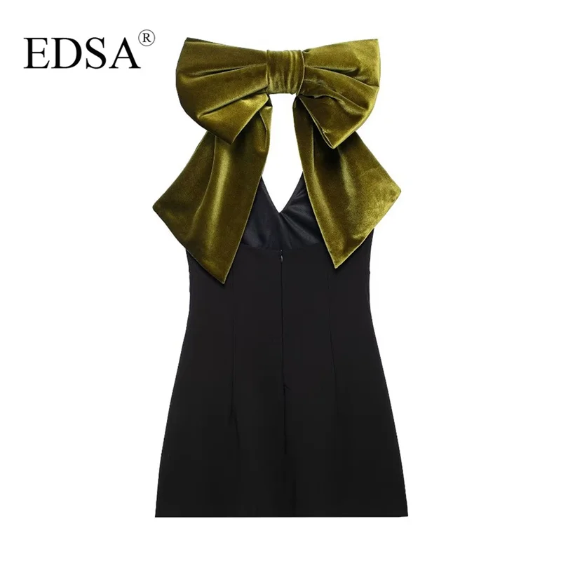 EDSA Women Black Velvet Mini Dress with Open Back Bow V-Neck Thin Straps High Waist V-Neck For Female Short Dresses