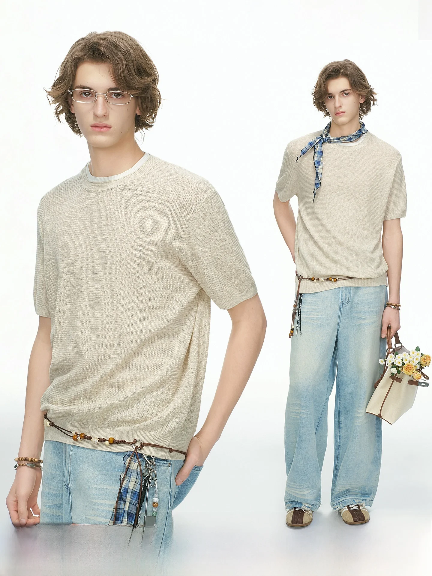 Dream Made Men's Short Sleeve Knitted T-Shirt Summer Breathable Linen Silk Blend Loose Fit round Neck Casual Top