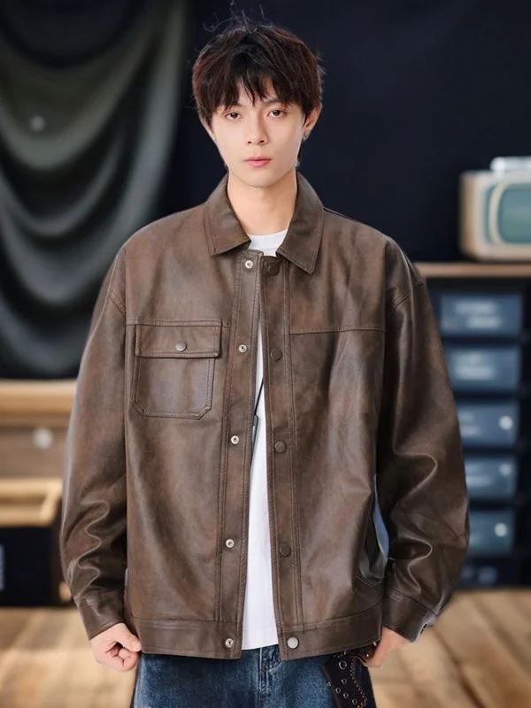 

Мужская кожаная куртка в стиле ретро в японском стиле с воротником-стойкой, рабочая одежда, модная универсальная весенне-осенняя новинка, ветрозащитная одежда